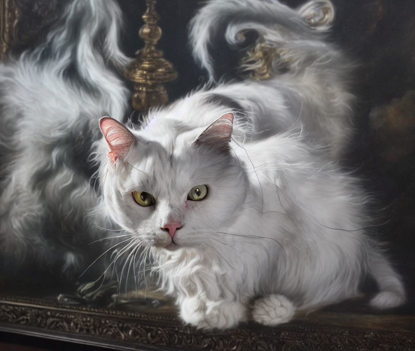 White Long-Haired Cat with Green Eyes Resting Near Dark Swirly Painting