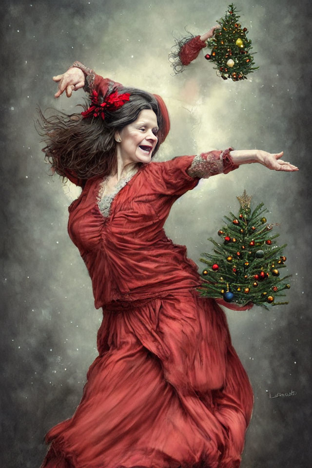 Woman in red dress dancing with Christmas tree background