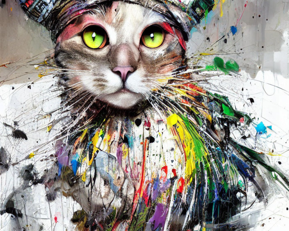 Vibrant painting of a cat with green eyes in a hat