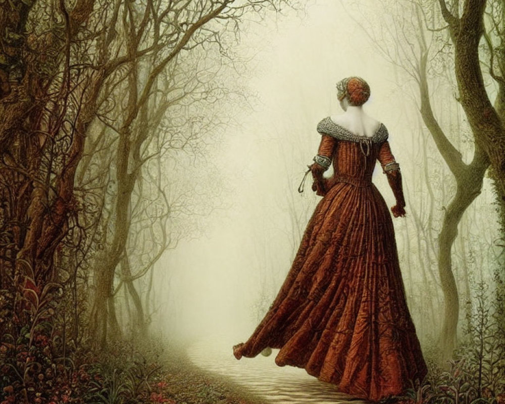 Woman in vintage red dress walking on misty cobblestone path surrounded by bare trees and lush under