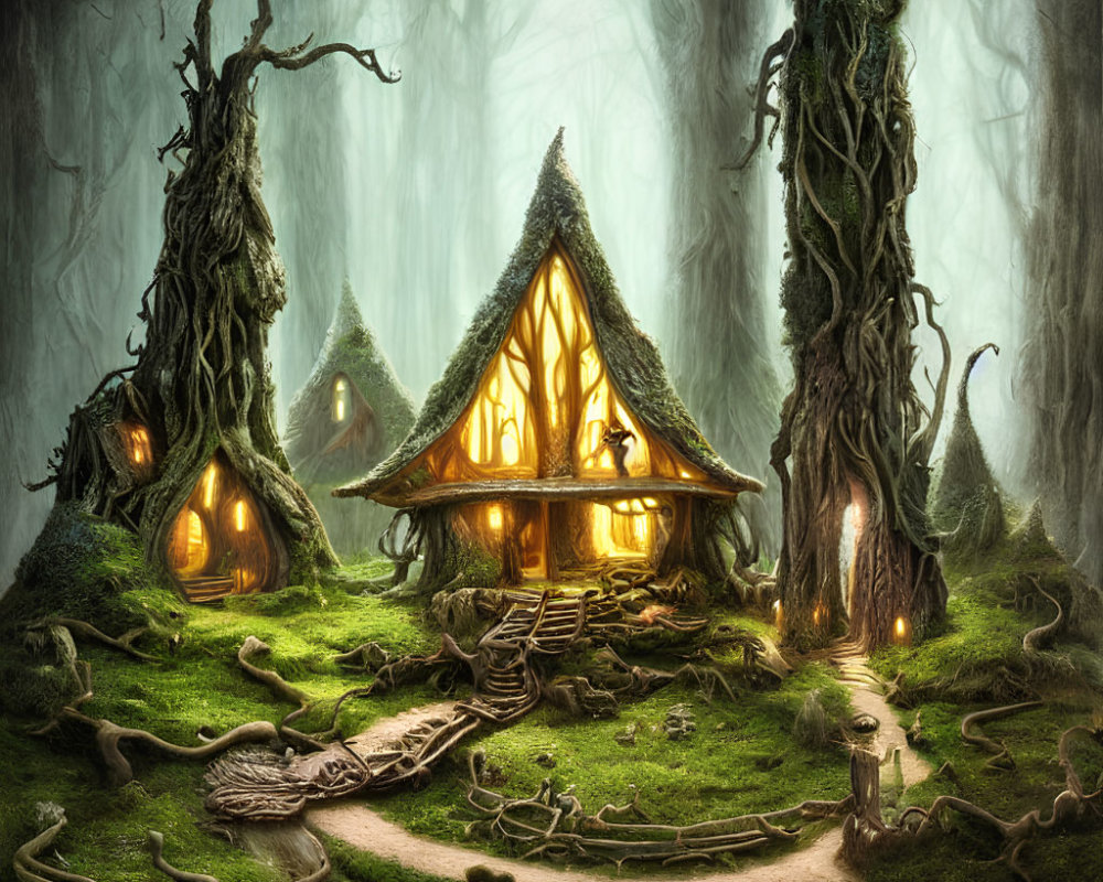 Whimsical illuminated cottages in enchanted forest landscape