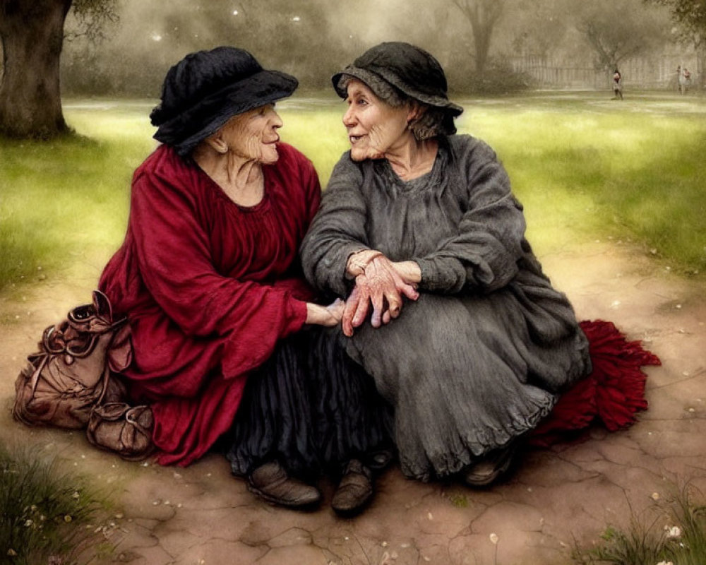 Elderly women in vintage clothing holding hands in misty park