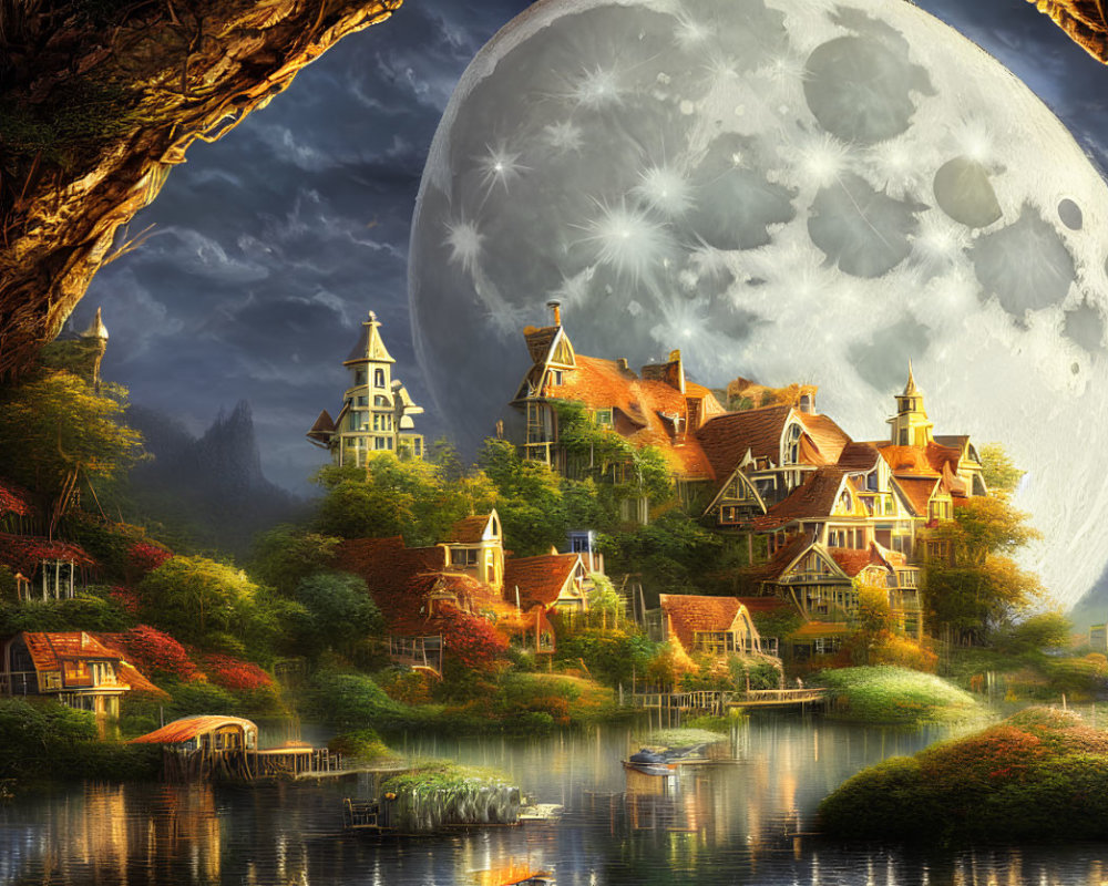 Fantasy village under giant moon in lush setting