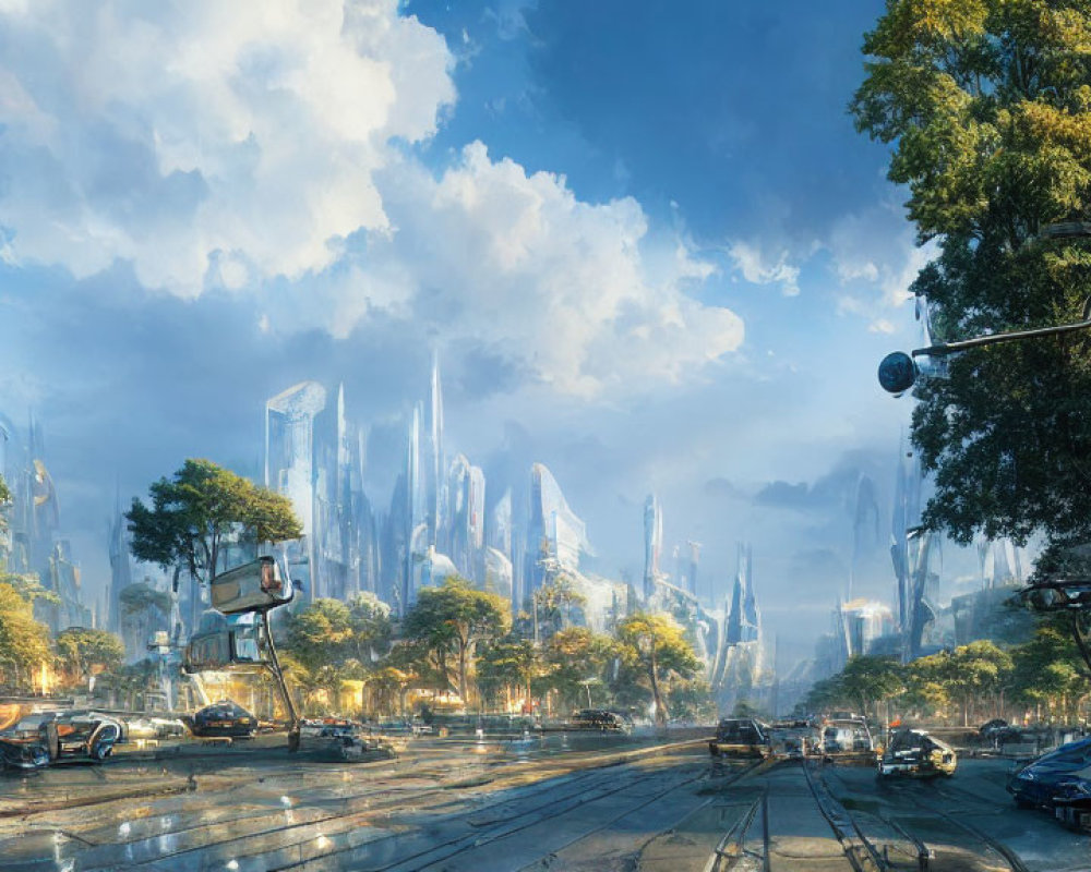 Advanced vehicles and skyscrapers in a futuristic cityscape under a blue sky