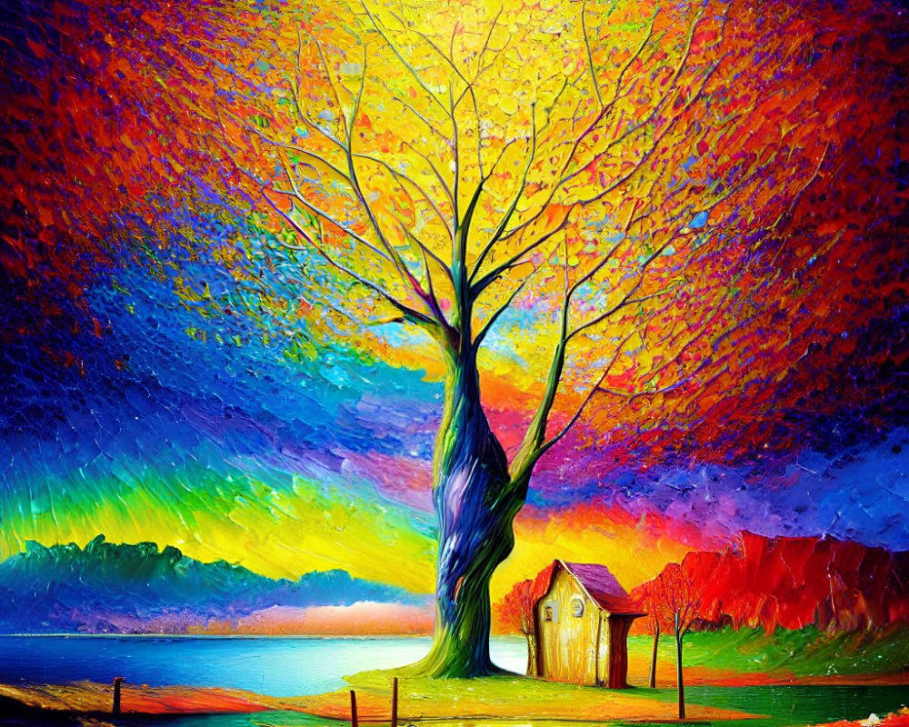 Colorful painting of solitary tree, house, lake, and figure rowing boat