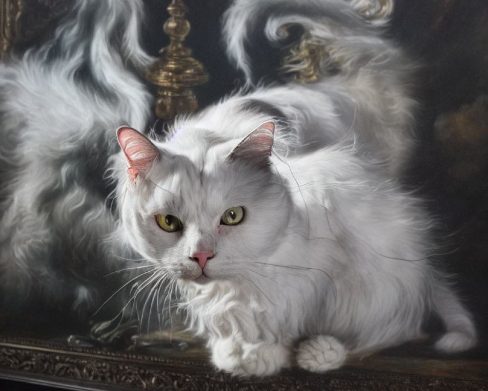 White Long-Haired Cat with Green Eyes Resting Near Dark Swirly Painting