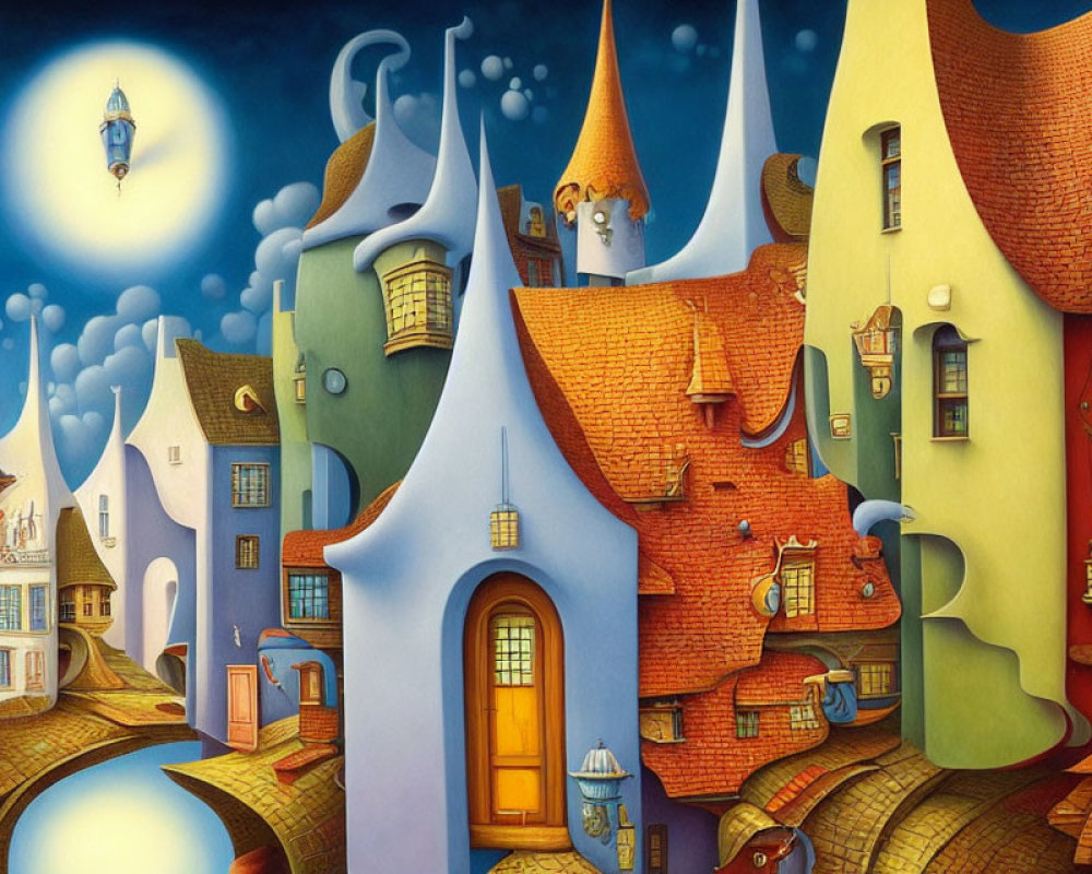 Colorful Surreal Village Painting with Curvy Houses and Moonlit Sky