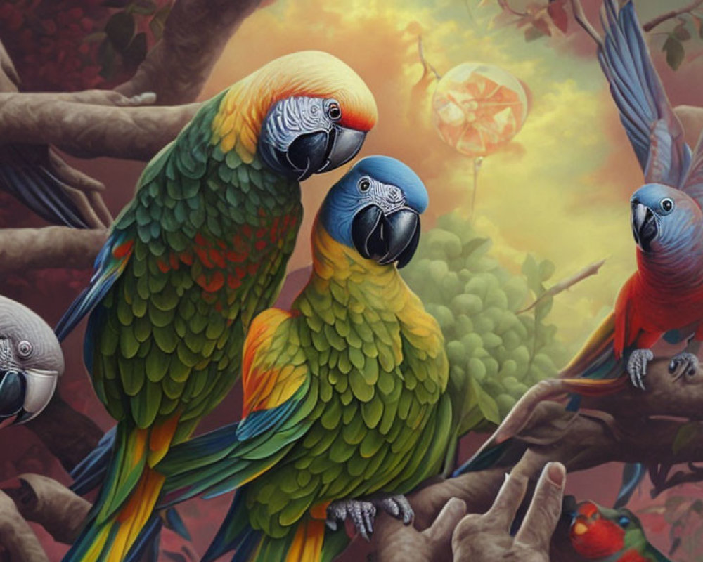 Colorful Parrots Perched on Tree Branches in Enchanted Forest