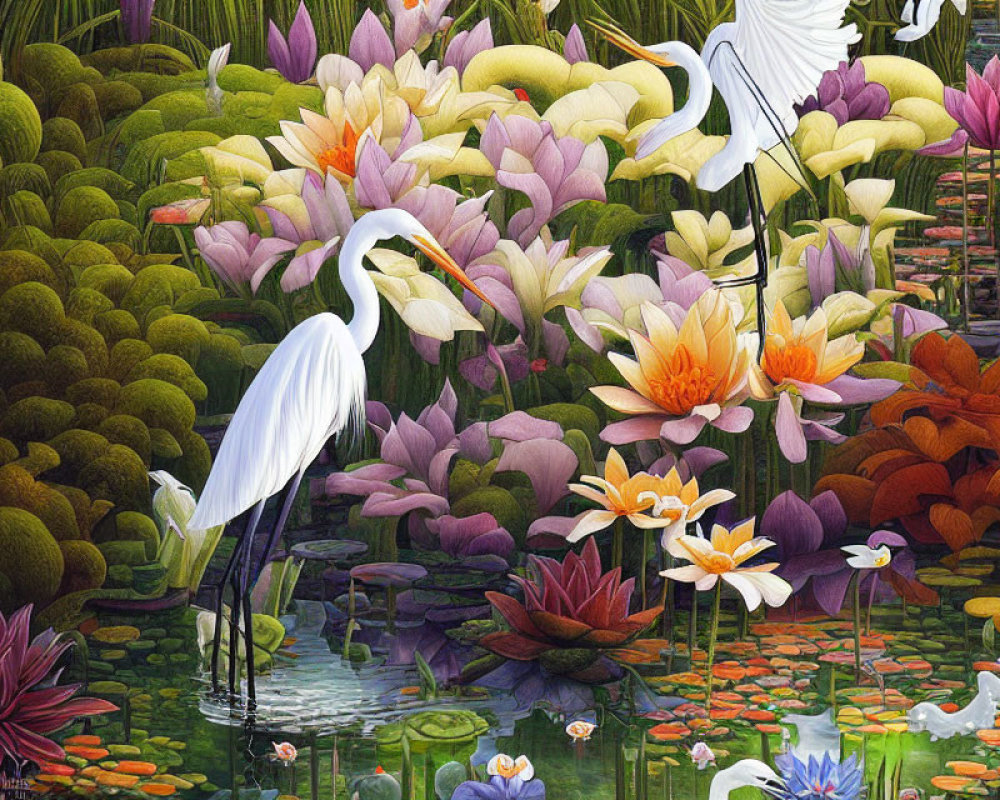 Colorful Lotus Flowers and Egrets in Vibrant Pond Scene