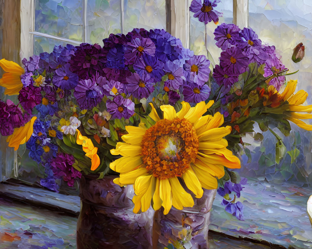 Colorful Flower Vase Painting with Sunflower, Purple Blooms, and Butterfly