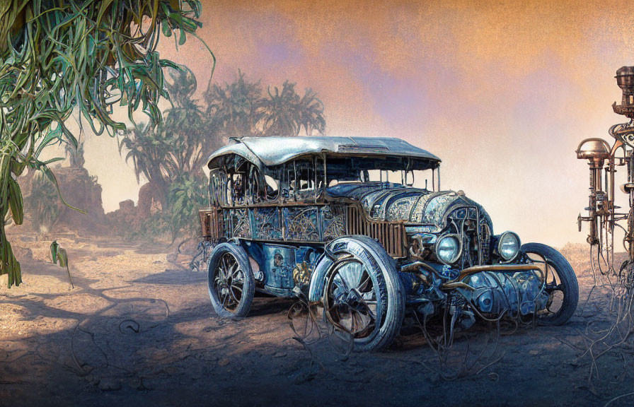 Abandoned steampunk vehicle in desert with industrial backdrop