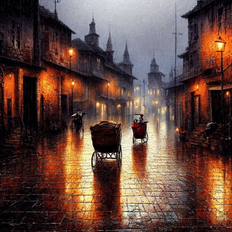 Cobblestone street at night with streetlights, buildings, and horse-drawn carriage