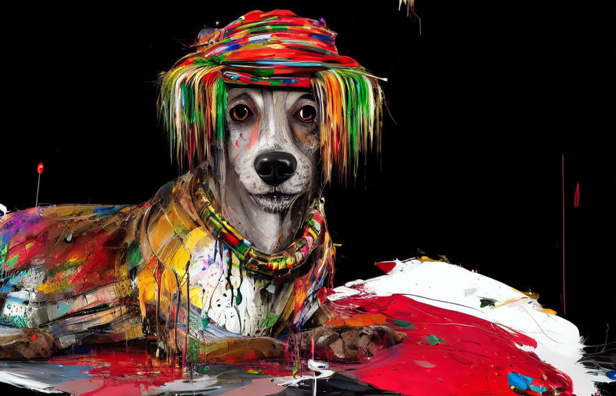 Colorful Dog Artwork with Paint-Splattered Coat and Striped Hat