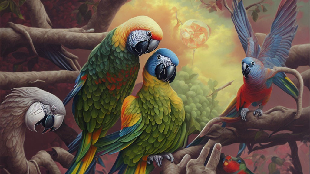 Colorful Parrots Perched on Tree Branches in Enchanted Forest