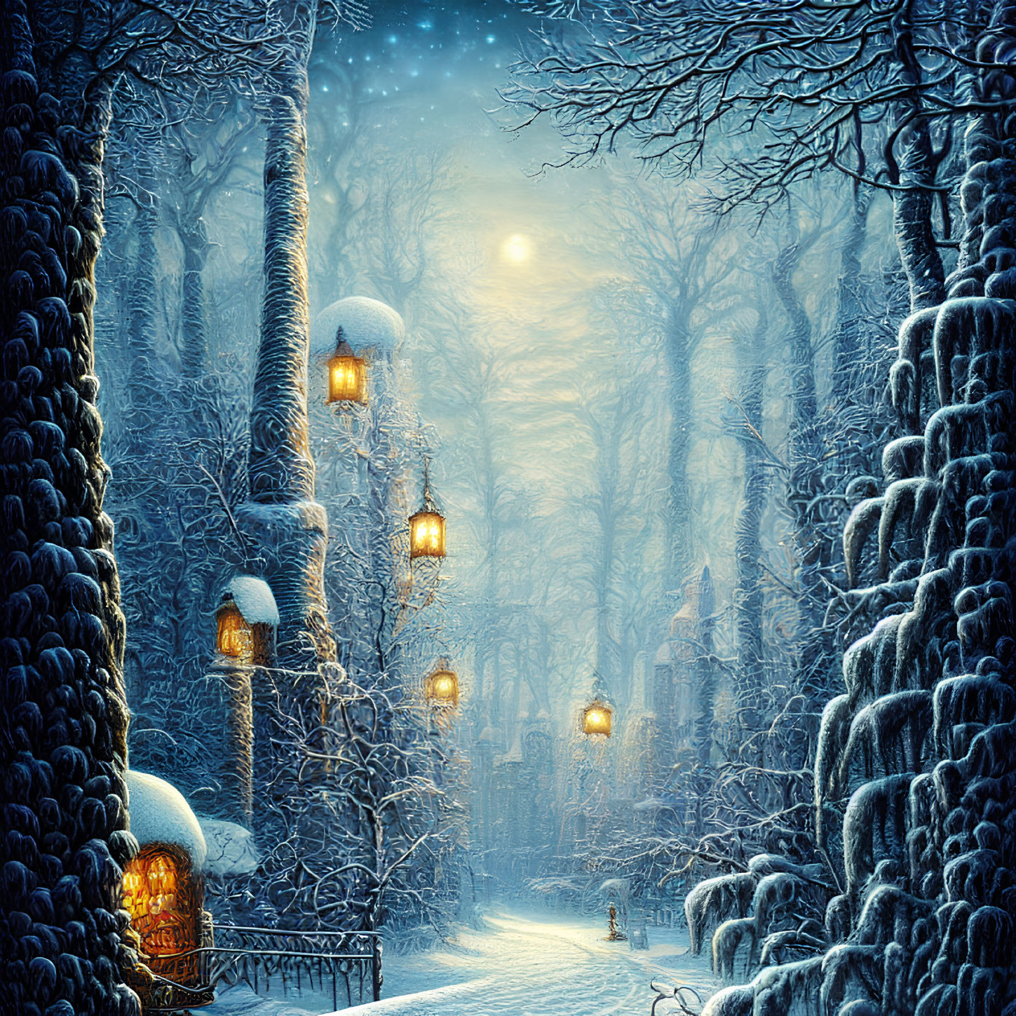 Snowy Twilight Scene: Lamplit Path Through Tranquil Snowy Forest