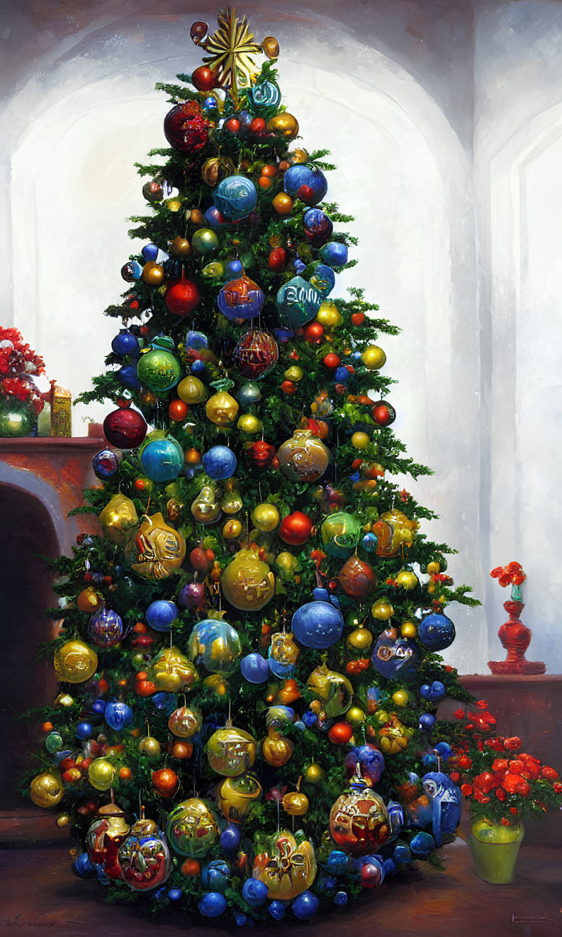 Colorful baubles and lights adorn Christmas tree with star topper in festive room.