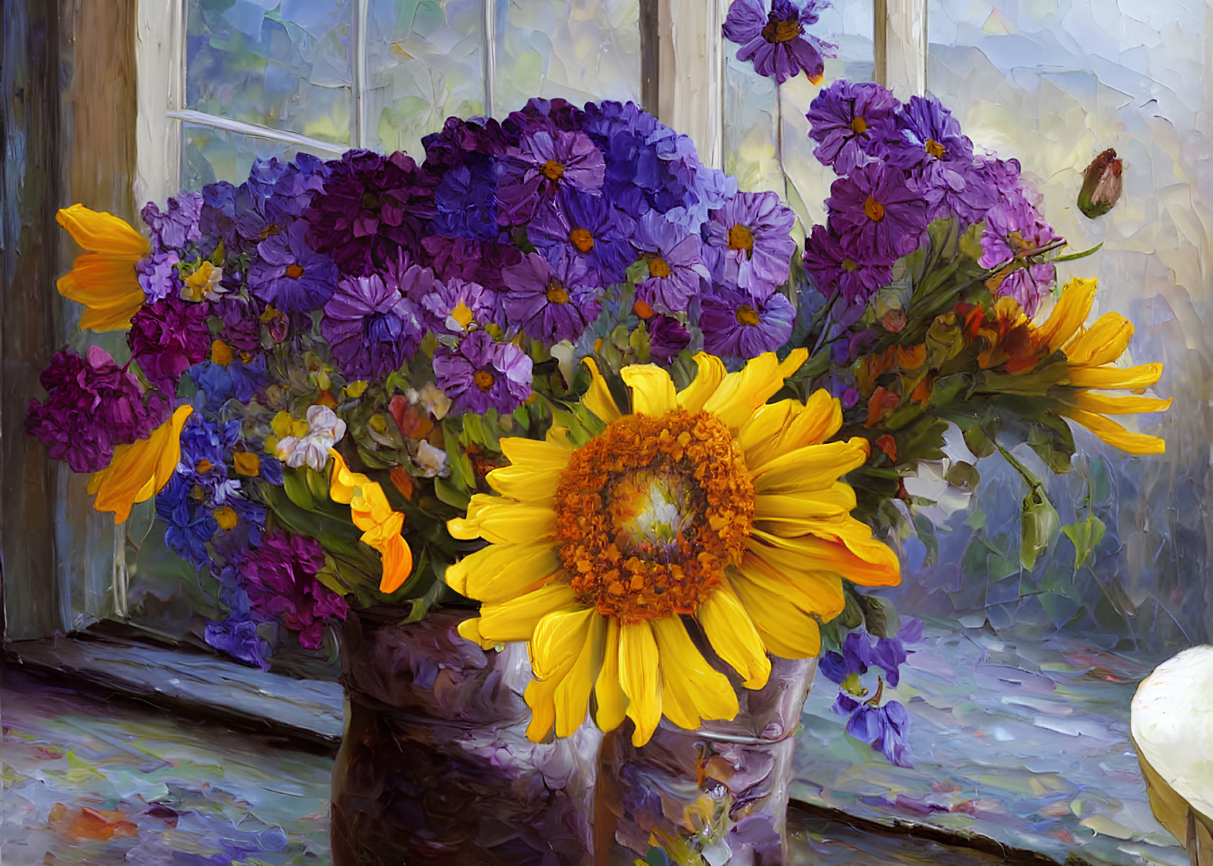 Colorful Flower Vase Painting with Sunflower, Purple Blooms, and Butterfly