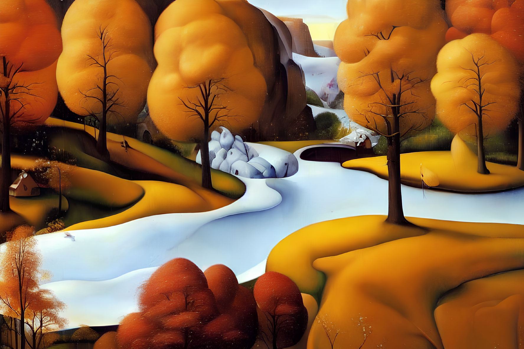 Stylized landscape painting of rolling hills, river, and autumn trees