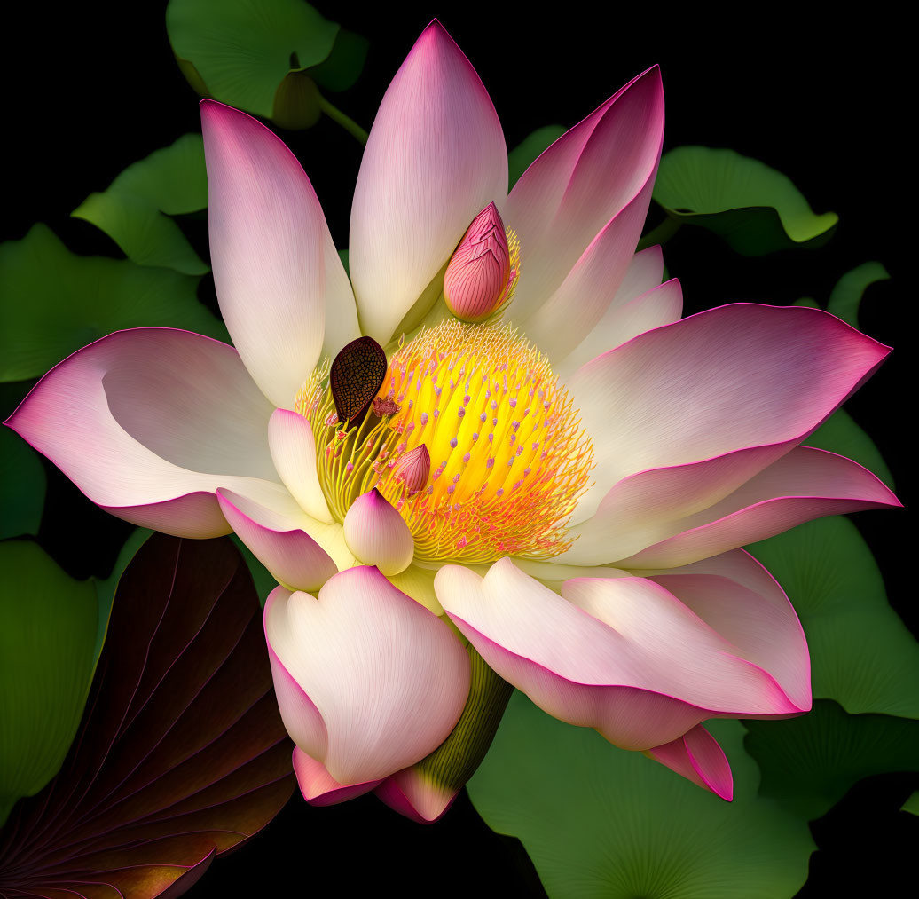 Pink and White Lotus Flower with Yellow Center on Dark Background