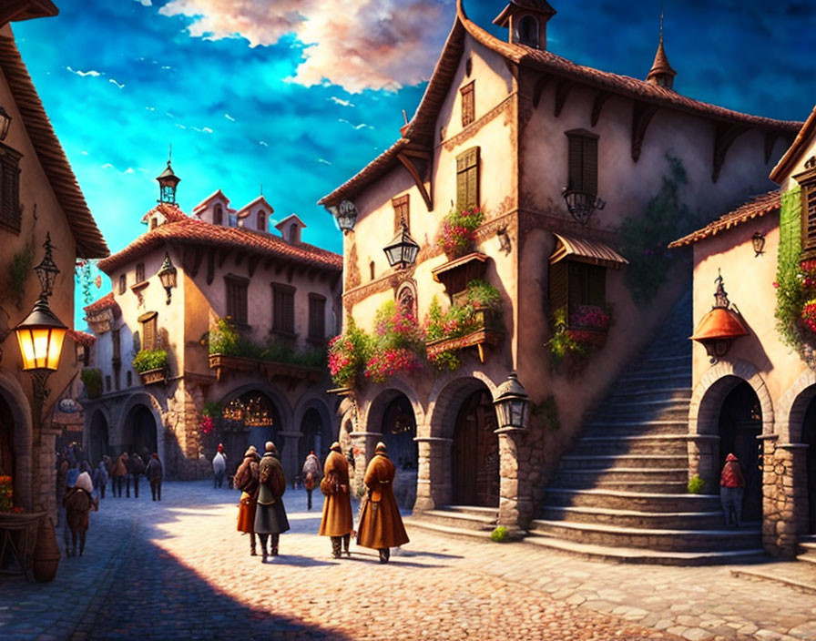 Medieval village street scene with colorful buildings and people in period attire.