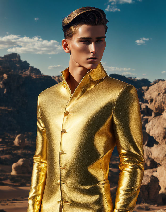 Styled hair person in golden jacket against mountain backdrop
