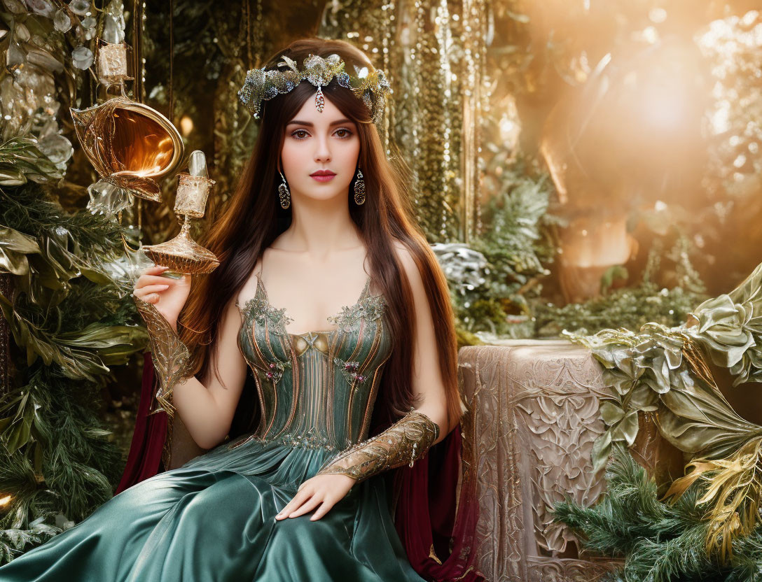 Medieval woman in green dress on golden fantasy throne with goblet