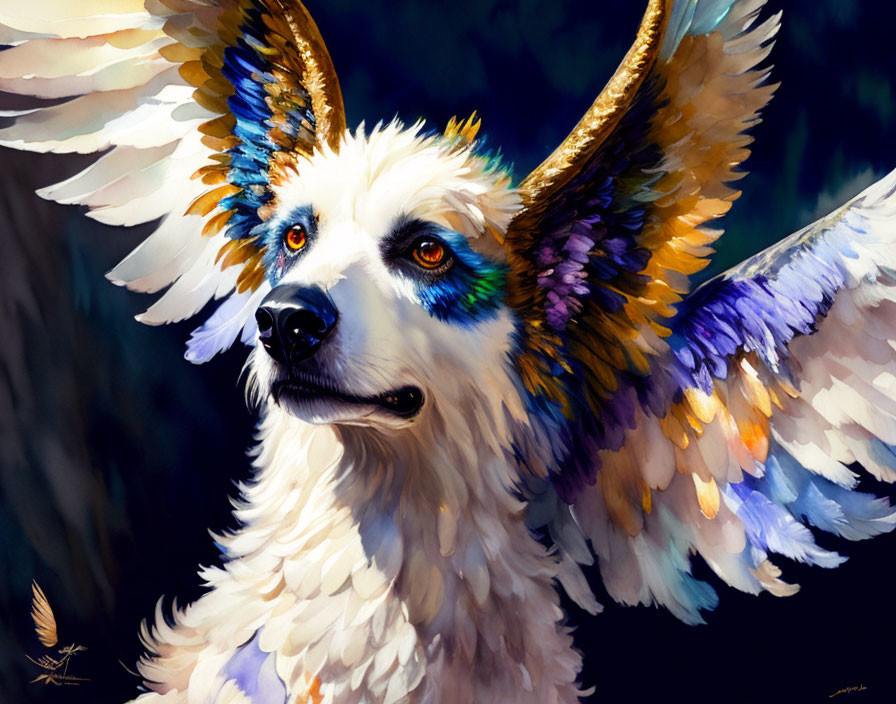 Colorful Dog-Headed Creature with Feathered Wings on Dark Background