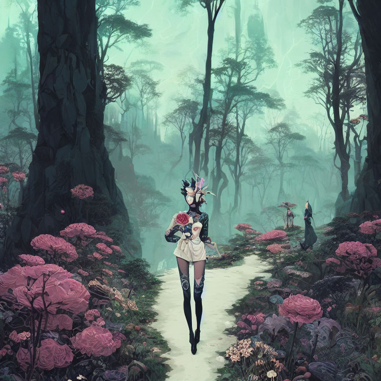 Mystical forest with pink flowers and animal-like figure