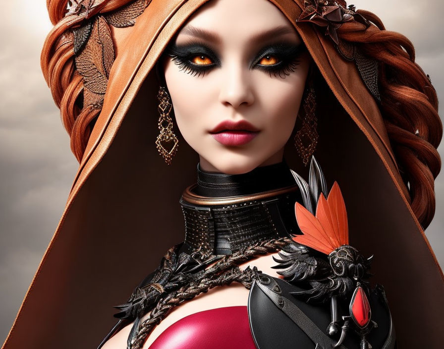 Fantasy character digital artwork with ornate headscarf and metallic costume