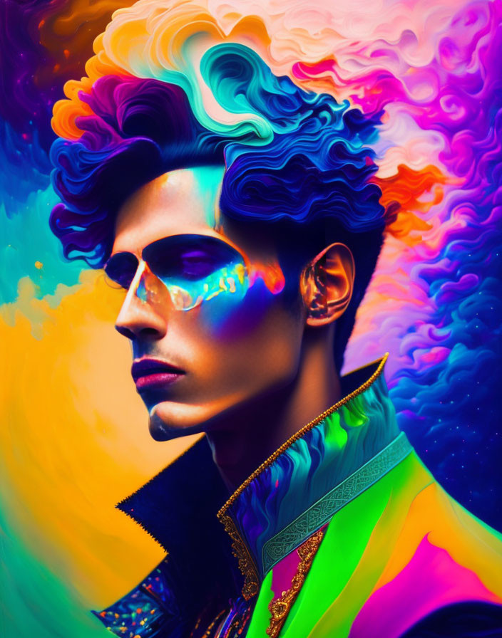 Colorful digital portrait with vibrant hairstyle and sunglasses against vivid backdrop