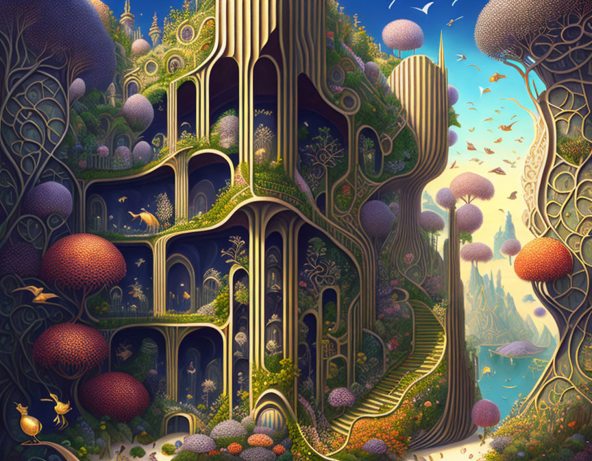 Fantastical landscape with organic structure, arches, stairways, mushrooms, floating islands, and