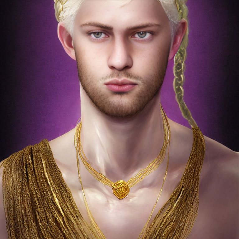 Portrait of person with platinum blonde hair, gold necklace, and textured golden garment