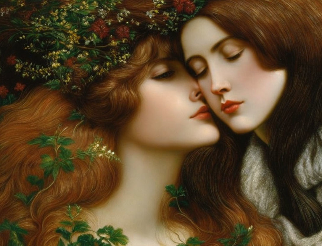 Two women with intricate hairstyles and floral decorations in a gentle embrace.