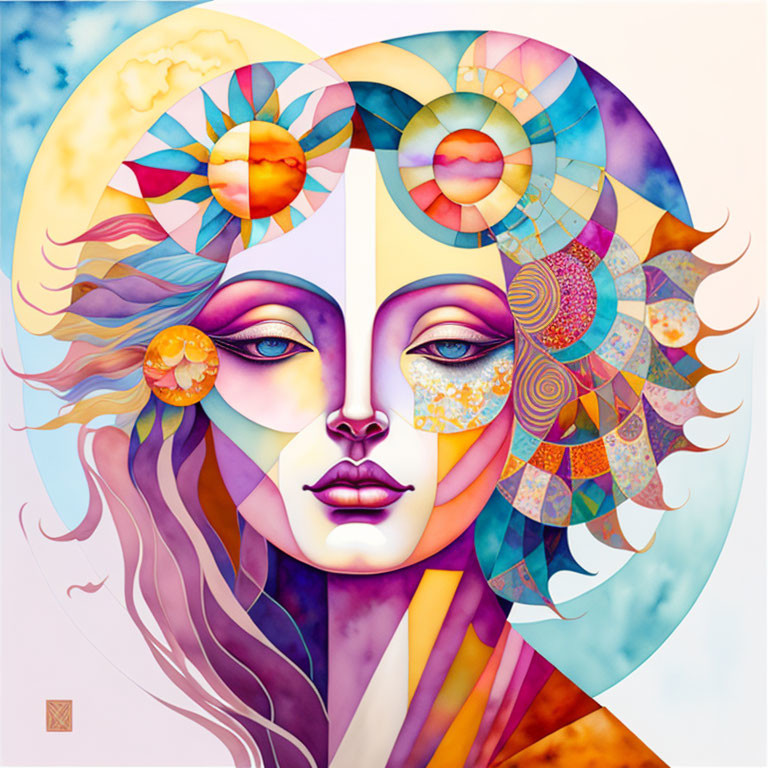 Symmetric Female Face with Abstract Geometric Patterns