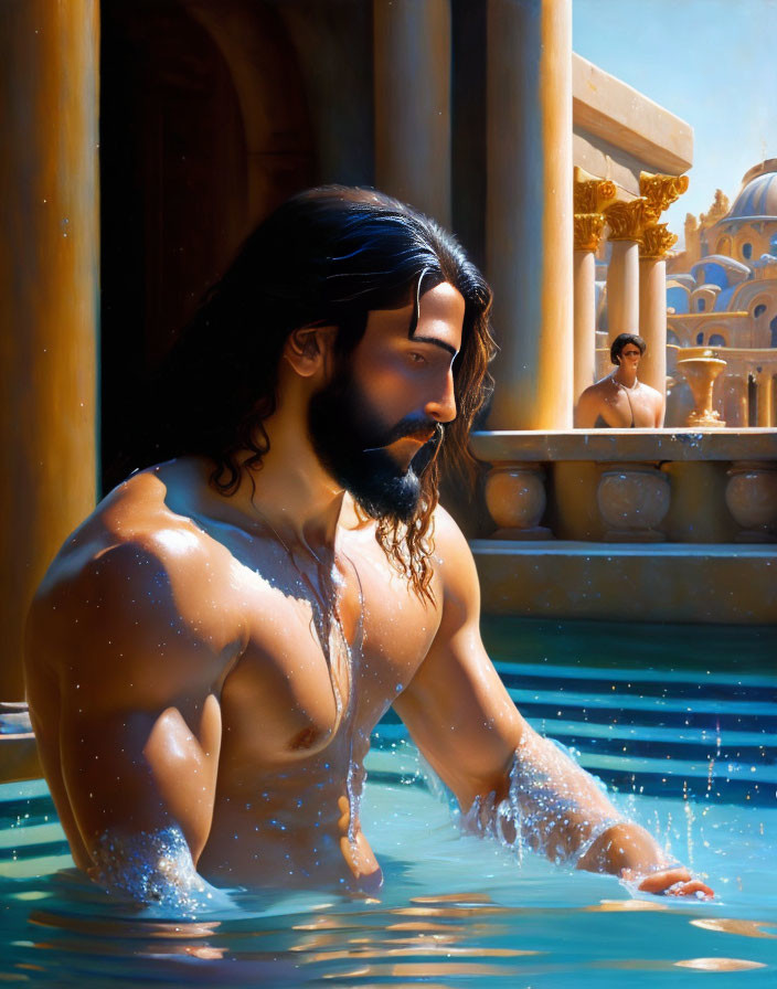 Bearded man with long hair emerges from pool with sunlight and architectural backdrop