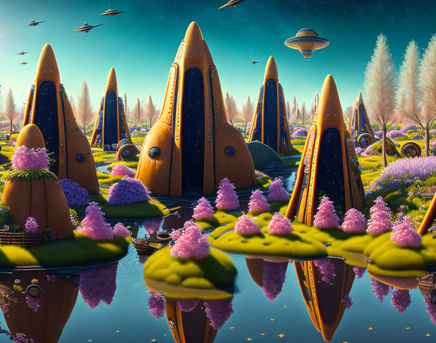Futuristic alien landscape with bullet-shaped buildings and vibrant flora
