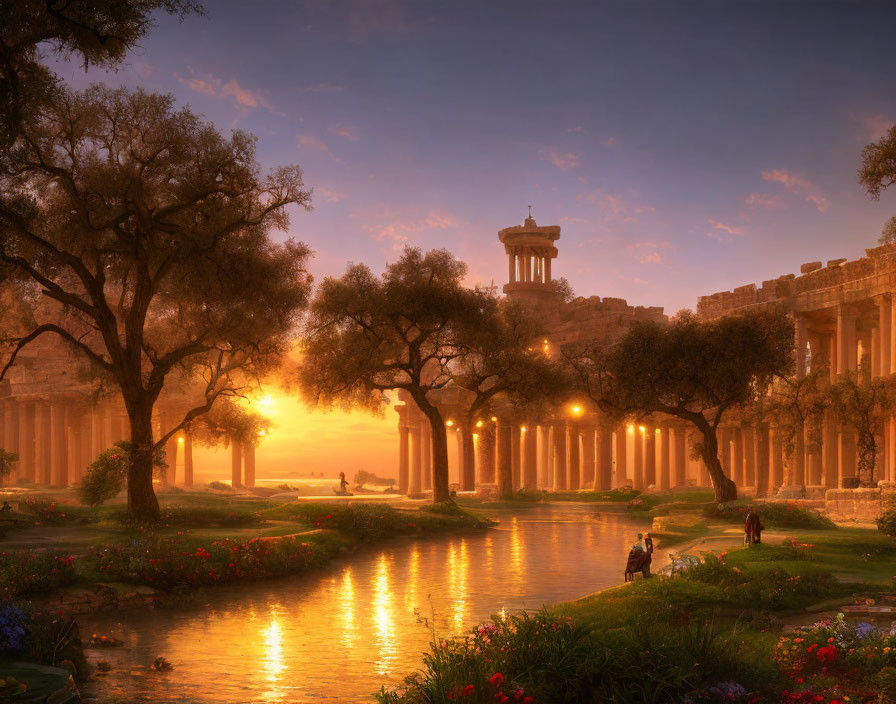 Tranquil park scene at sunset with river, columns, plants, and people