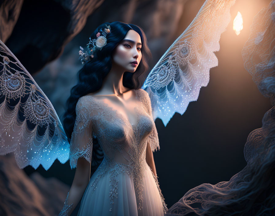 Mystical woman with lace wings in dimly-lit cave with warm glowing lights