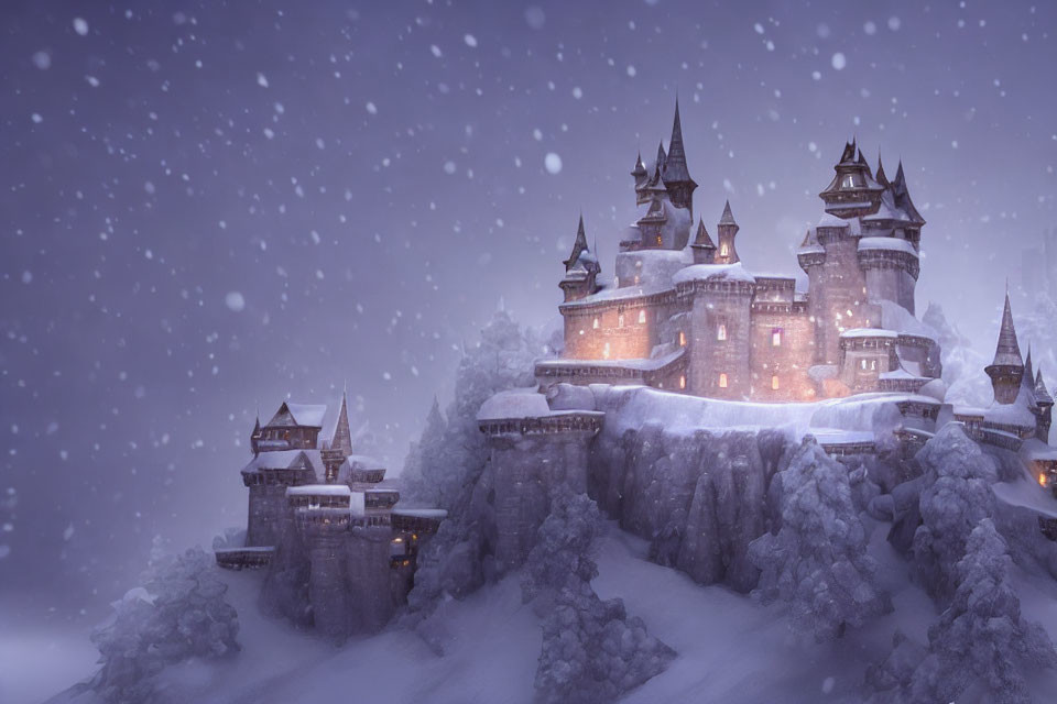 Snow-covered cliffs castle under twilight sky with glowing lights