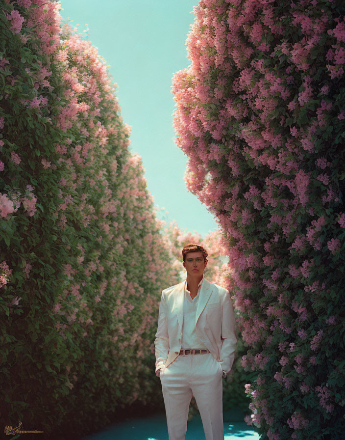 Person in White Suit Surrounded by Pink Blooming Bushes