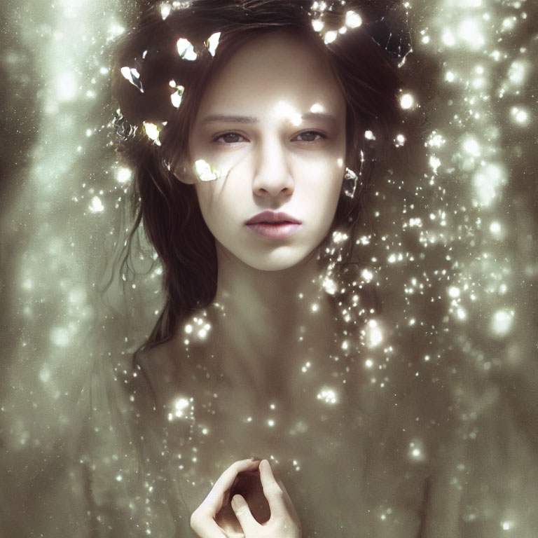Portrait of a person in dreamlike setting with glowing spots and delicate petals
