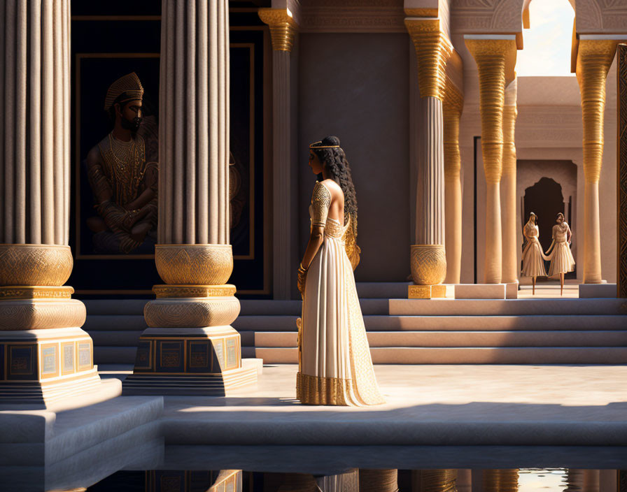 Ancient Egyptian woman in traditional attire at reflecting pool with statue and grand columns.