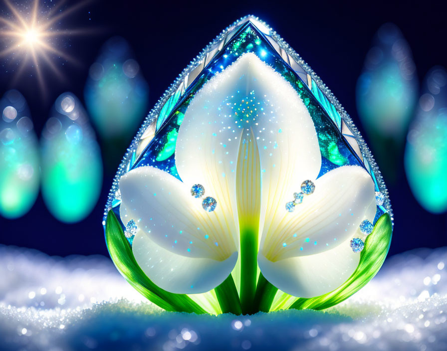 Luminous white flower in jewel-like teardrop on bokeh background