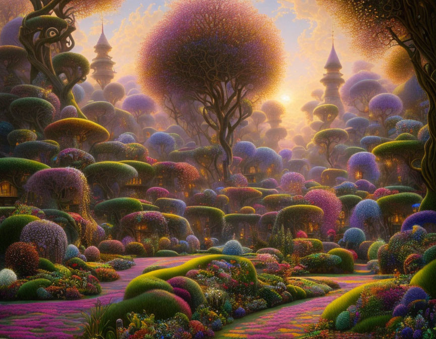 Luminous mushroom trees in fantastical landscape at sunset