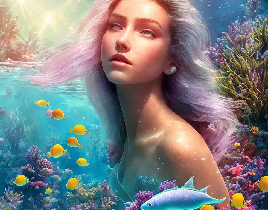 Woman with Pink Hair Underwater Surrounded by Coral and Tropical Fish