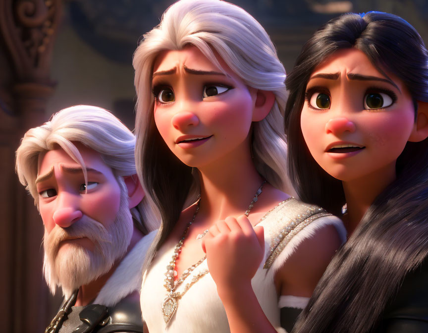 Three animated characters displaying worried expressions.