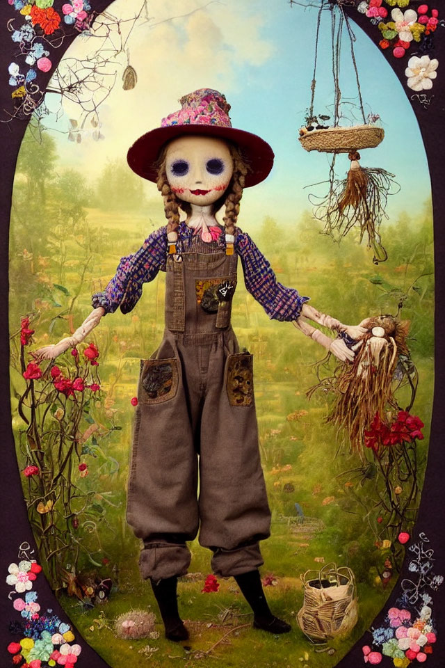 Skull-faced figure in straw hat and overalls in garden with Day of the Dead theme