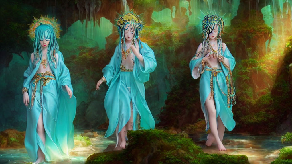 Three female figures in blue dresses and ornate headdresses in mystical forest by a waterfall