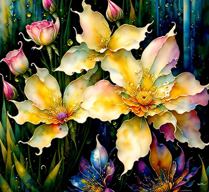Colorful painting of yellow and pink flowers on dark, dotted background