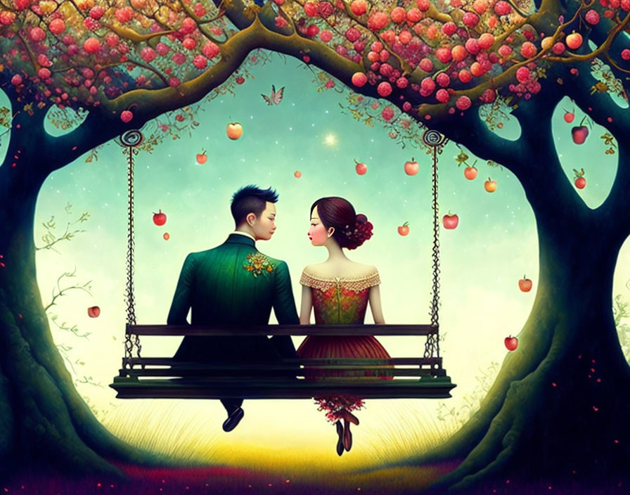 Whimsical couple on swing under apple tree in colorful landscape